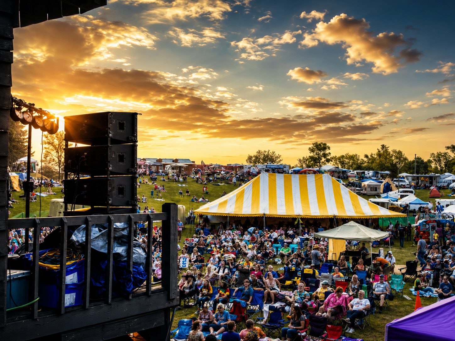 Crowd gathered under the yellow striped tent at sunset viewed from the stage